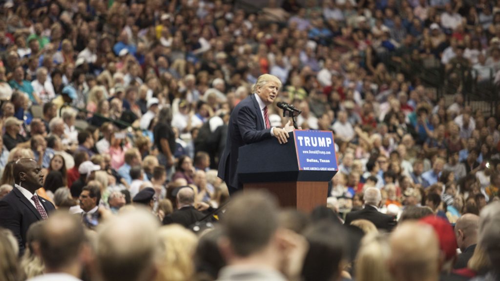 U.S. Republican presidential candidate Donald Trump speaks during a campaign rally at the American Airlines Center in Dallas Monday