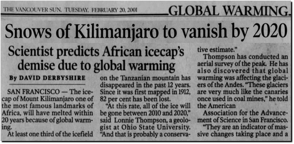Kilimanjaro To Be Ice Free By Real Climate Science